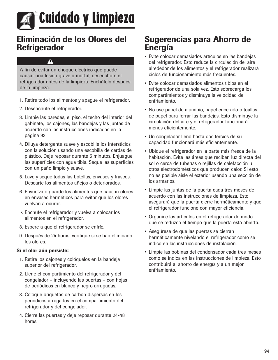 Cuidado y limpieza, Eliminación de los olores del refrigerador, Sugerencias para ahorro de energía | Maytag MBF1956HEB User Manual | Page 95 / 104