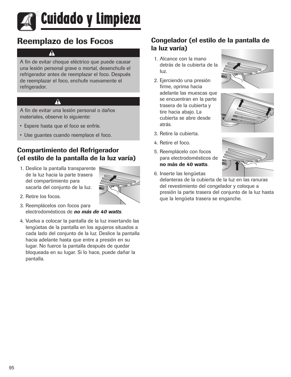 Cuidado y limpieza, Reemplazo de los focos | Maytag MBF1956HEB User Manual | Page 96 / 104