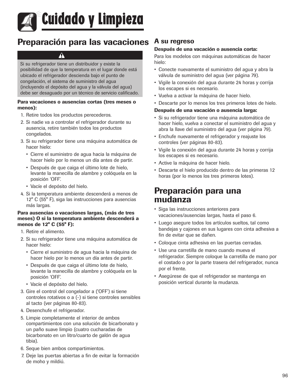 Cuidado y limpieza, Preparación para una mudanza, Preparación para las vacaciones | A su regreso, Precaución | Maytag MBF1956HEB User Manual | Page 97 / 104