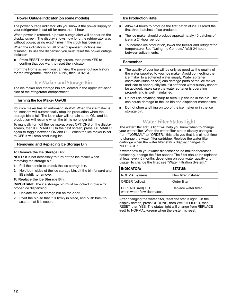 Ice maker and storage bin, Water filter status light | Maytag MFT2771XEB User Manual | Page 12 / 61