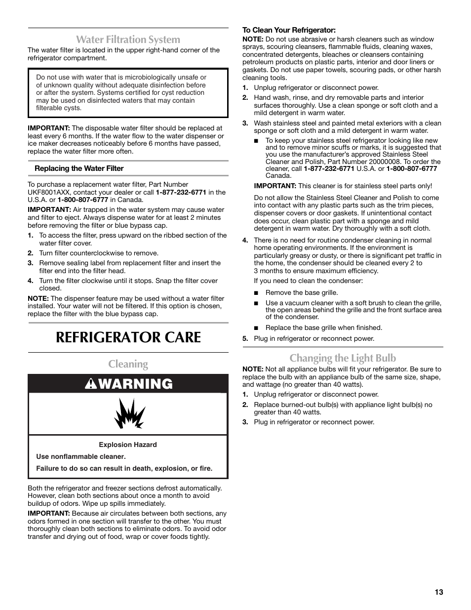 Refrigerator care, Warning, Water filtration system | Cleaning, Changing the light bulb | Maytag MFT2771XEB User Manual | Page 13 / 61