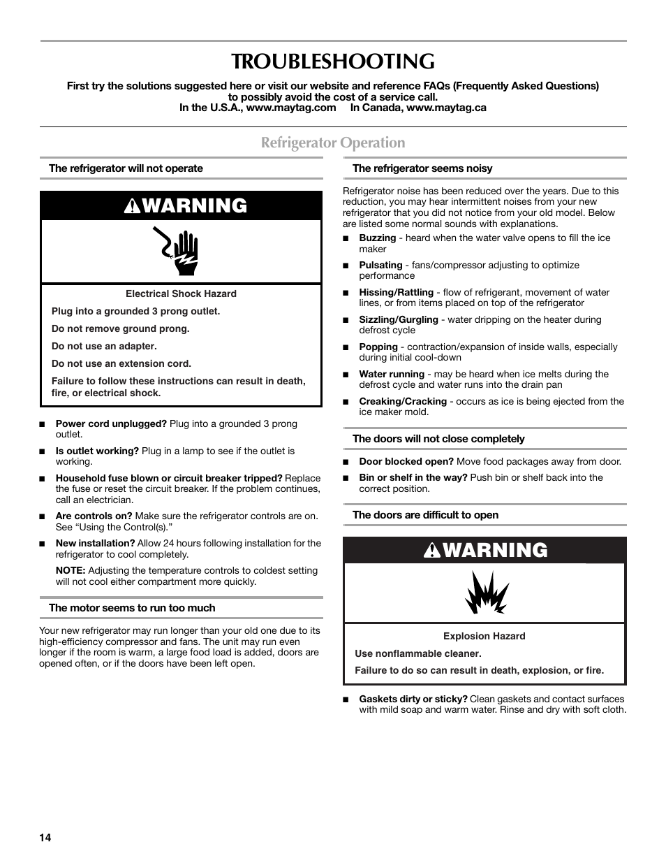 Troubleshooting, Warning, Refrigerator operation | Maytag MFT2771XEB User Manual | Page 14 / 61
