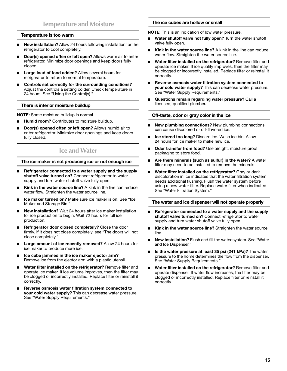 Temperature and moisture, Ice and water | Maytag MFT2771XEB User Manual | Page 15 / 61