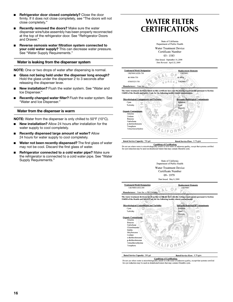 Water filter certifications | Maytag MFT2771XEB User Manual | Page 16 / 61