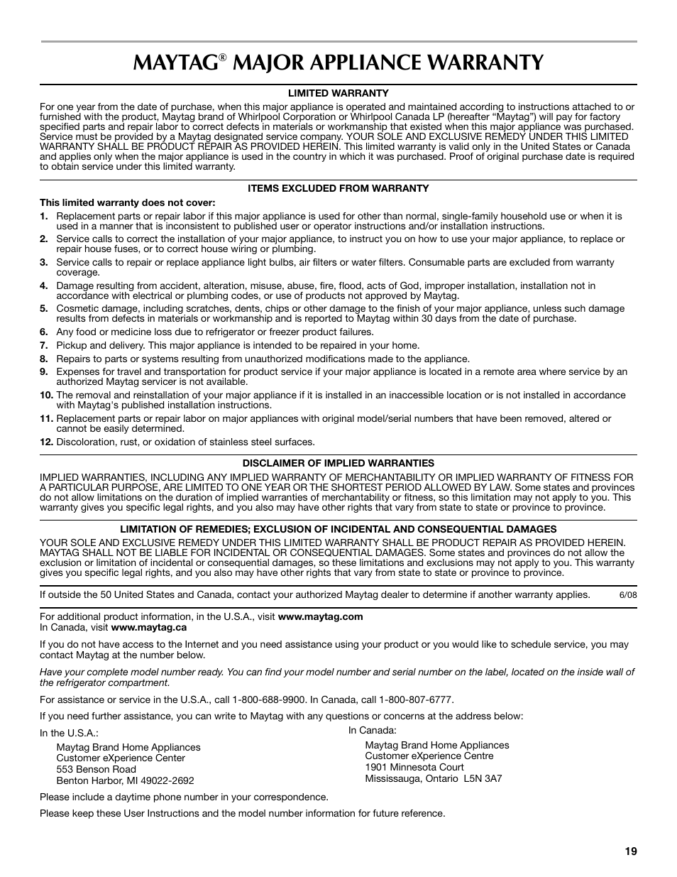 Maytag, Major appliance warranty | Maytag MFT2771XEB User Manual | Page 19 / 61