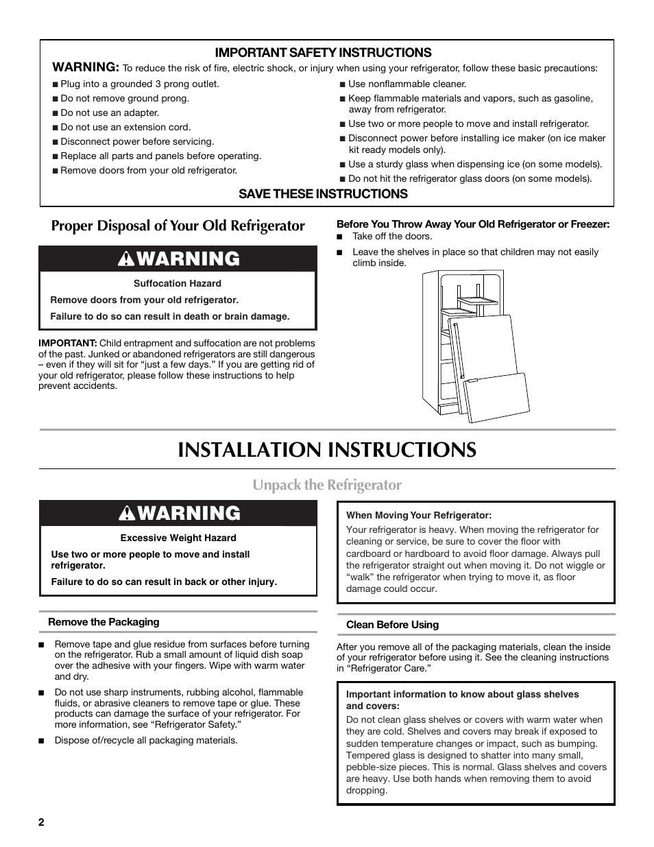 Installation instructions, Warning, Proper disposal of your old refrigerator | Unpack the refrigerator, Important safety instructions warning, Save these instructions | Maytag MFT2771XEB User Manual | Page 2 / 61