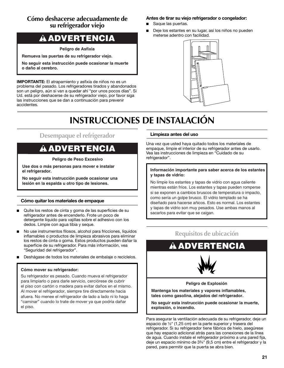 Instrucciones de instalación, Advertencia, Desempaque el refrigerador | Requisitos de ubicación | Maytag MFT2771XEB User Manual | Page 21 / 61