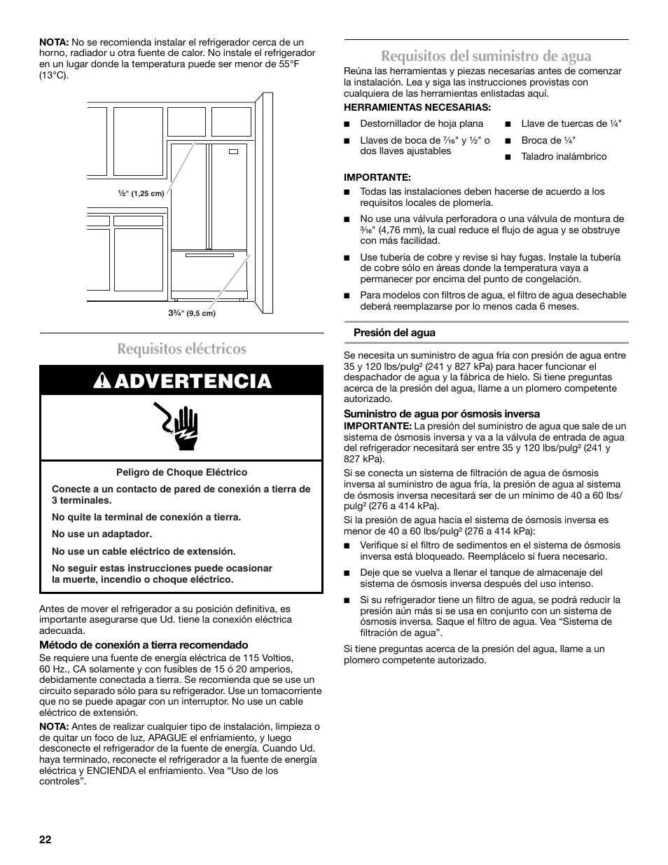 Advertencia, Requisitos eléctricos, Requisitos del suministro de agua | Maytag MFT2771XEB User Manual | Page 22 / 61