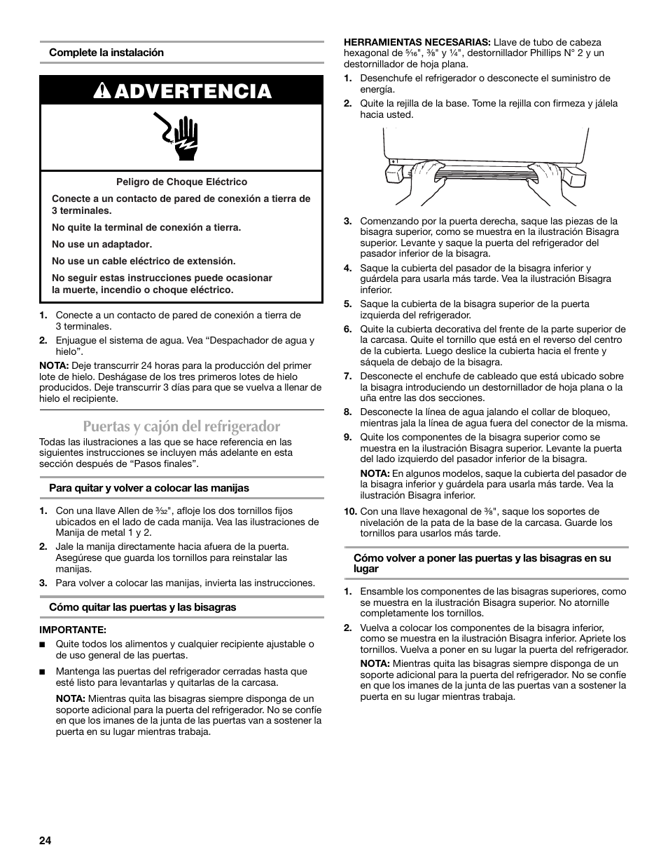 Advertencia, Puertas y cajón del refrigerador | Maytag MFT2771XEB User Manual | Page 24 / 61