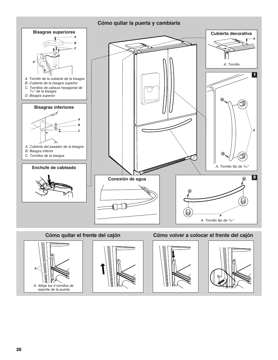 Cómo quitar el frente del cajón, Bisagras superiores, Bisagras inferiores | Maytag MFT2771XEB User Manual | Page 26 / 61