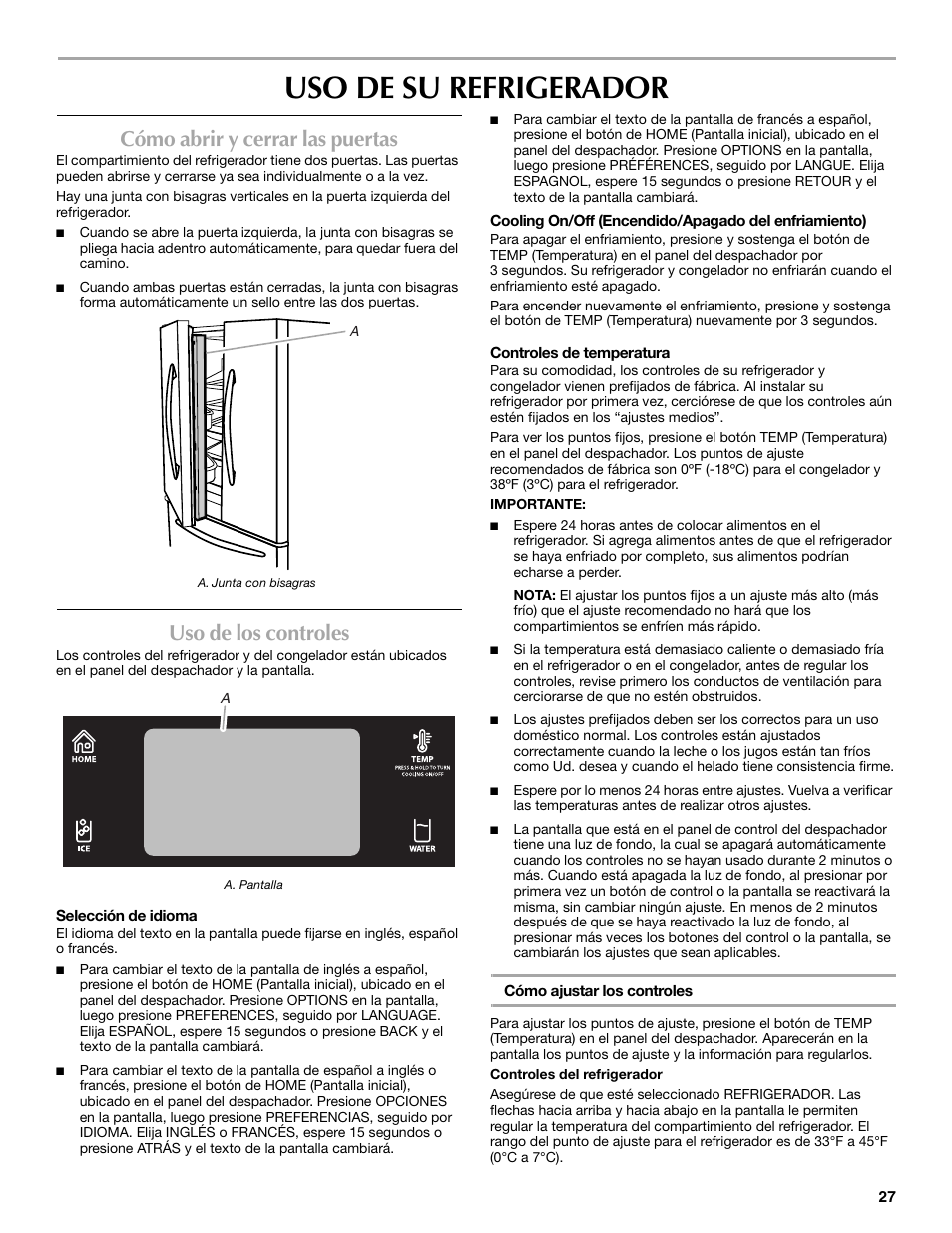 Uso de su refrigerador, Cómo abrir y cerrar las puertas, Uso de los controles | Maytag MFT2771XEB User Manual | Page 27 / 61
