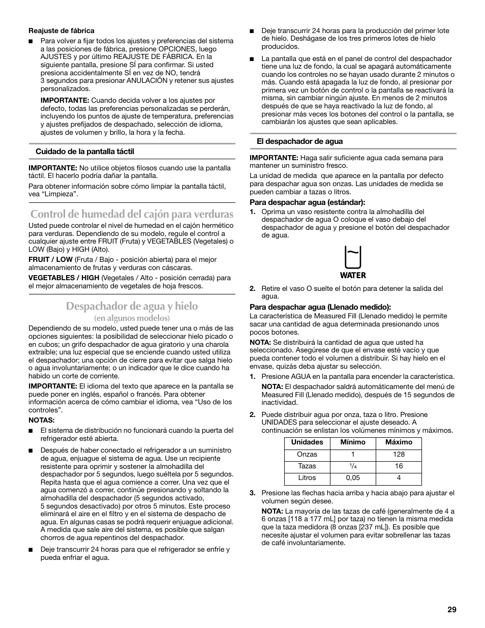 Control de humedad del cajón para verduras, Despachador de agua y hielo | Maytag MFT2771XEB User Manual | Page 29 / 61