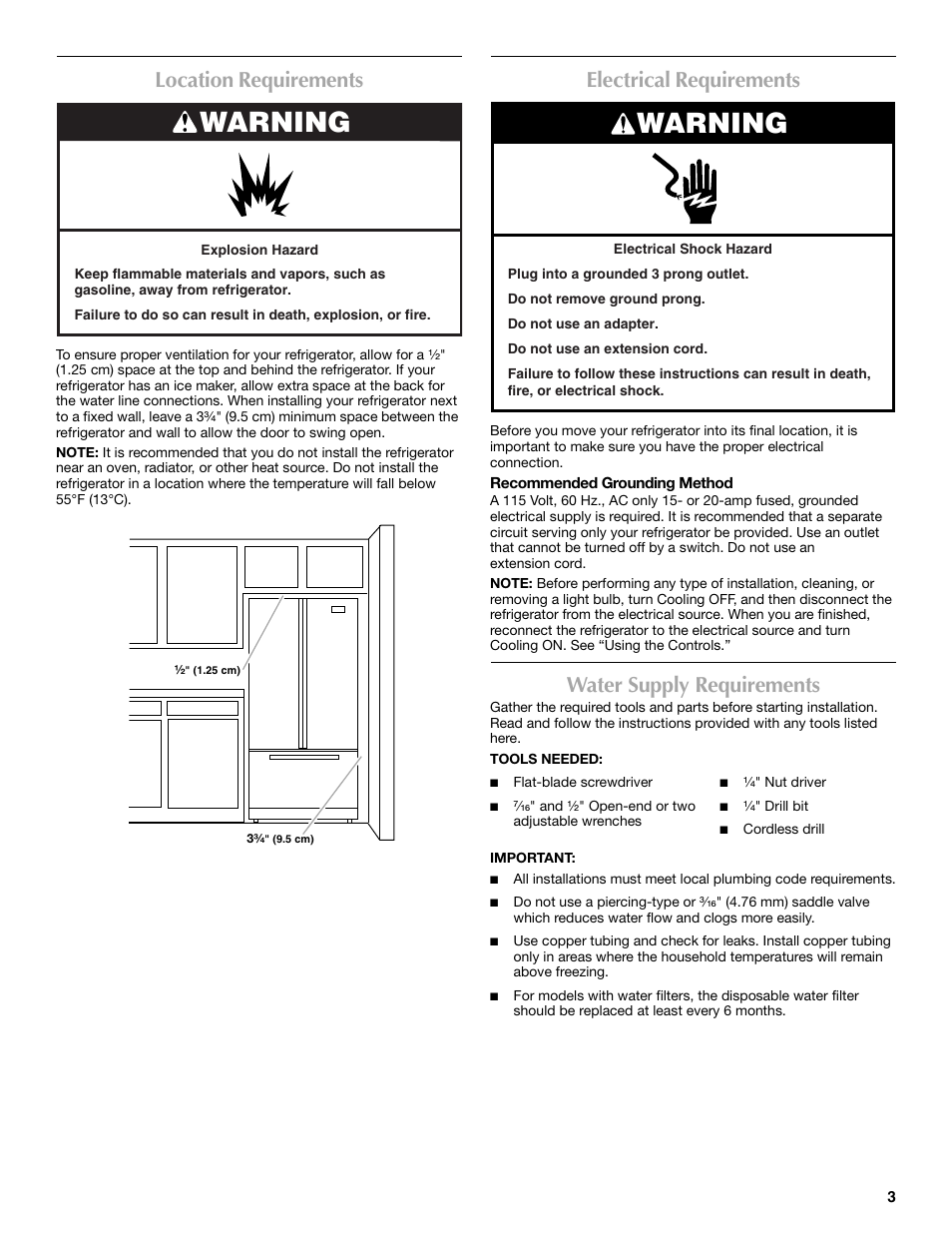 Warning, Location requirements, Electrical requirements | Water supply requirements | Maytag MFT2771XEB User Manual | Page 3 / 61