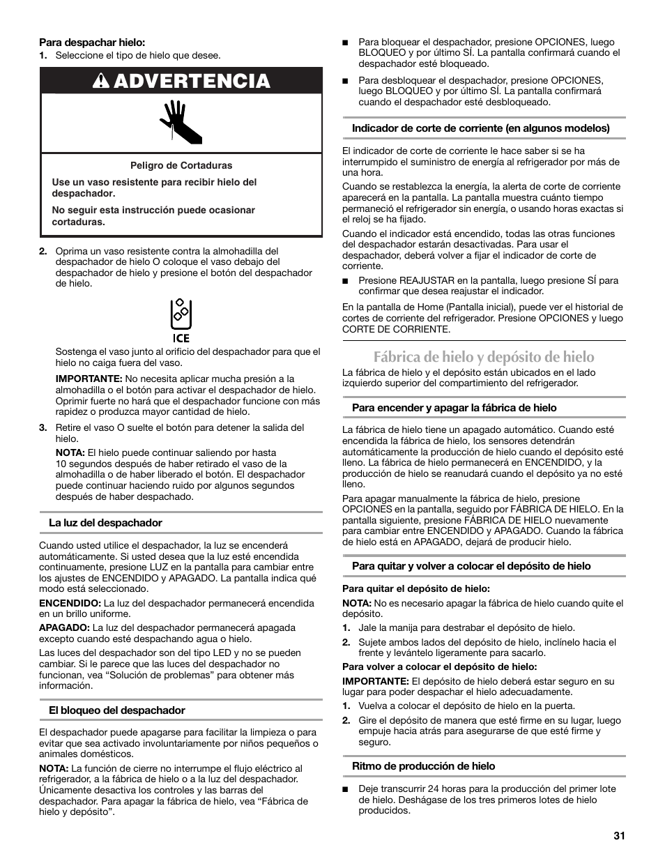 Advertencia, Fábrica de hielo y depósito de hielo | Maytag MFT2771XEB User Manual | Page 31 / 61