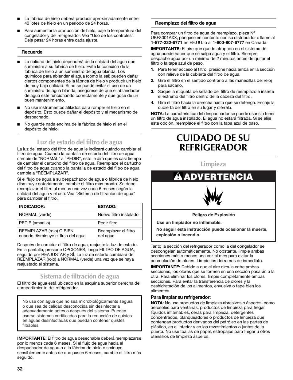 Cuidado de su refrigerador, Advertencia, Luz de estado del filtro de agua | Sistema de filtración de agua, Limpieza | Maytag MFT2771XEB User Manual | Page 32 / 61