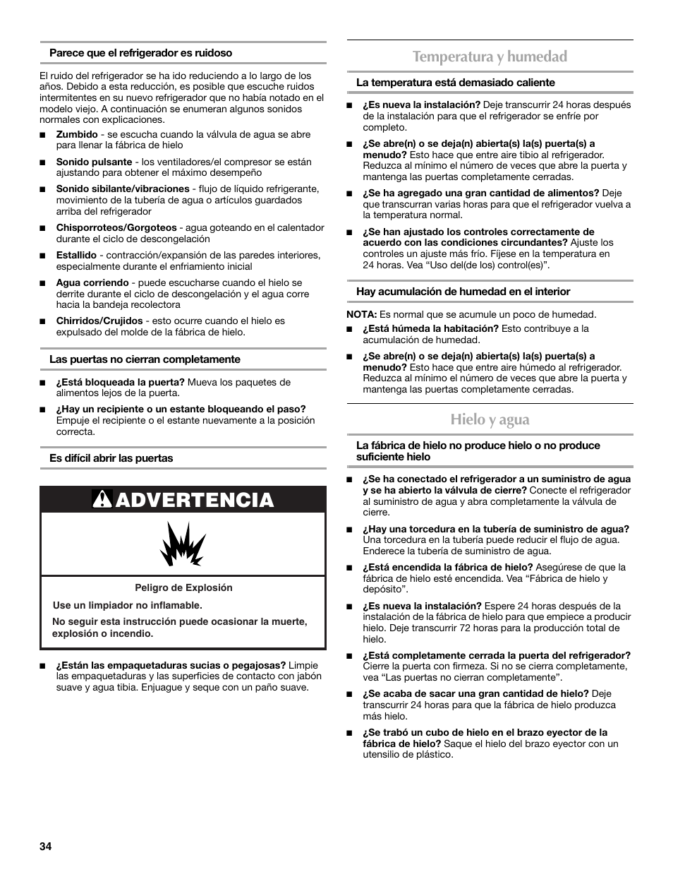 Advertencia, Temperatura y humedad, Hielo y agua | Maytag MFT2771XEB User Manual | Page 34 / 61