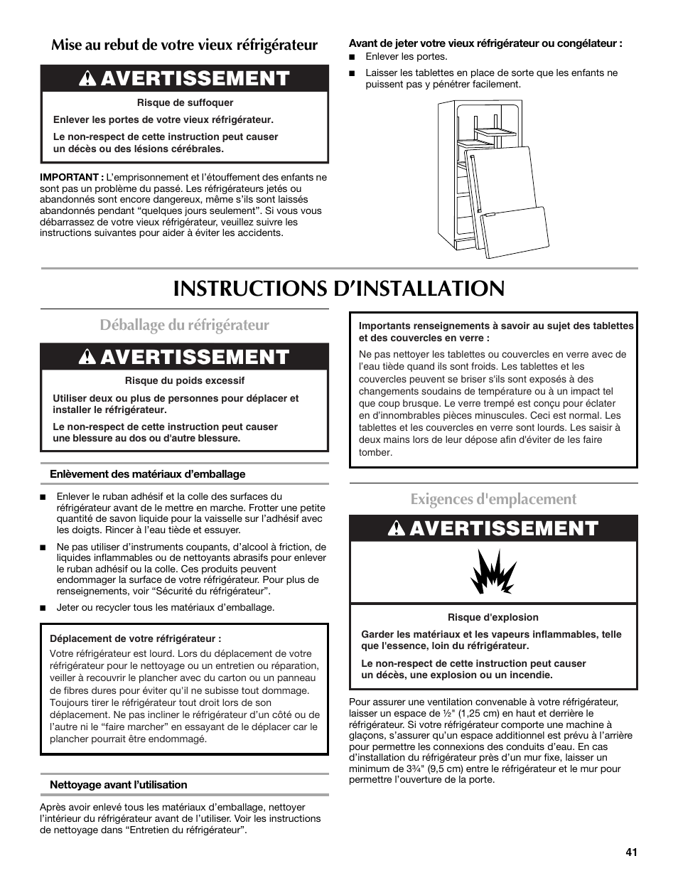 Instructions d’installation, Avertissement, Mise au rebut de votre vieux réfrigérateur | Déballage du réfrigérateur, Exigences d'emplacement | Maytag MFT2771XEB User Manual | Page 41 / 61
