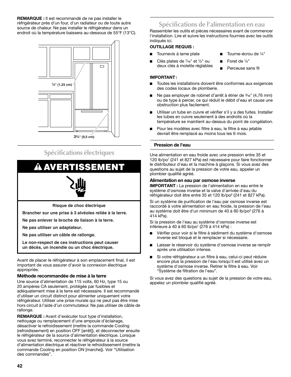 Avertissement, Spécifications électriques, Spécifications de l’alimentation en eau | Maytag MFT2771XEB User Manual | Page 42 / 61