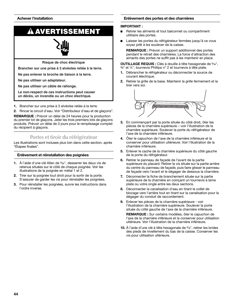 Avertissement, Portes et tiroir du réfrigérateur | Maytag MFT2771XEB User Manual | Page 44 / 61
