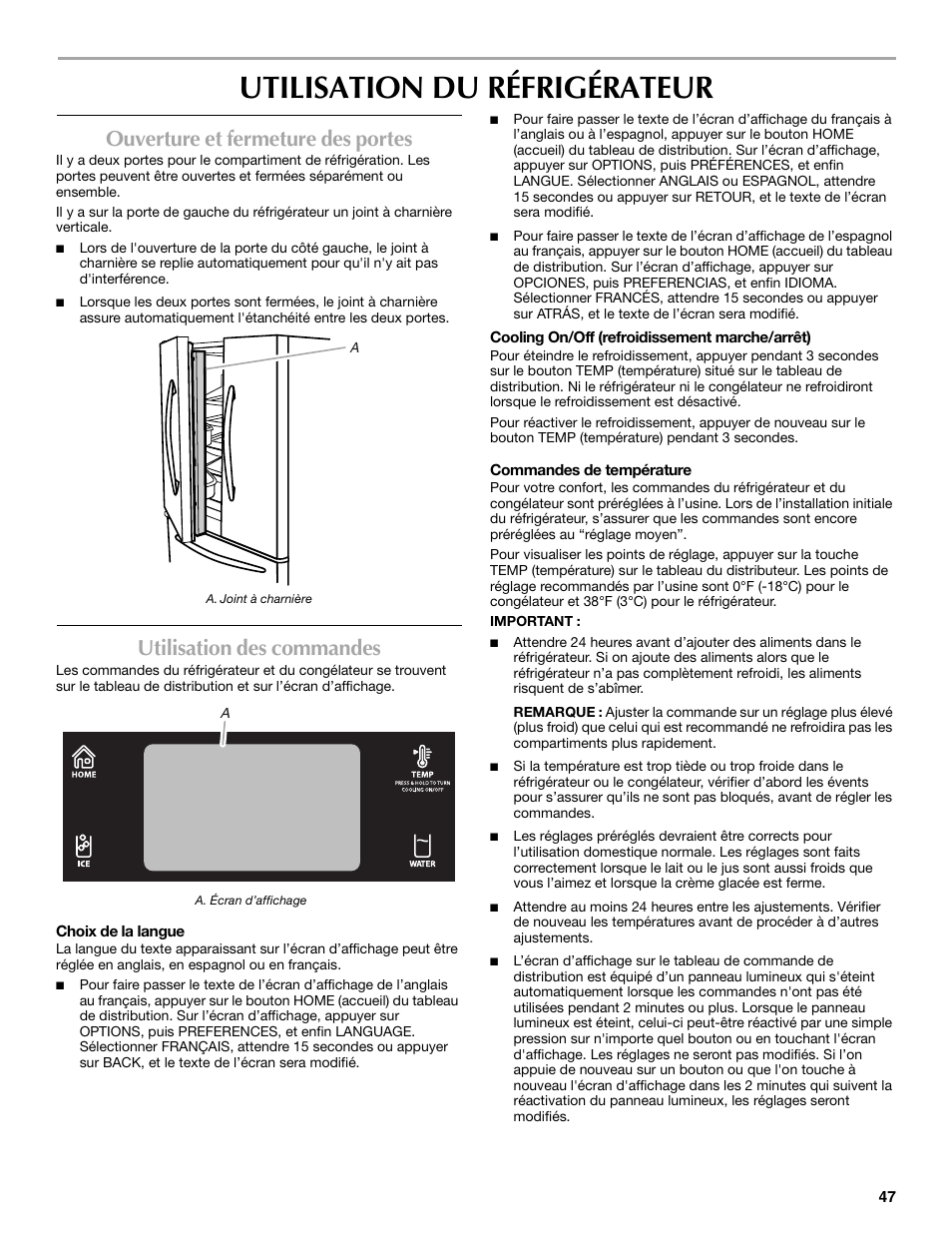 Utilisation du réfrigérateur, Ouverture et fermeture des portes, Utilisation des commandes | Maytag MFT2771XEB User Manual | Page 47 / 61