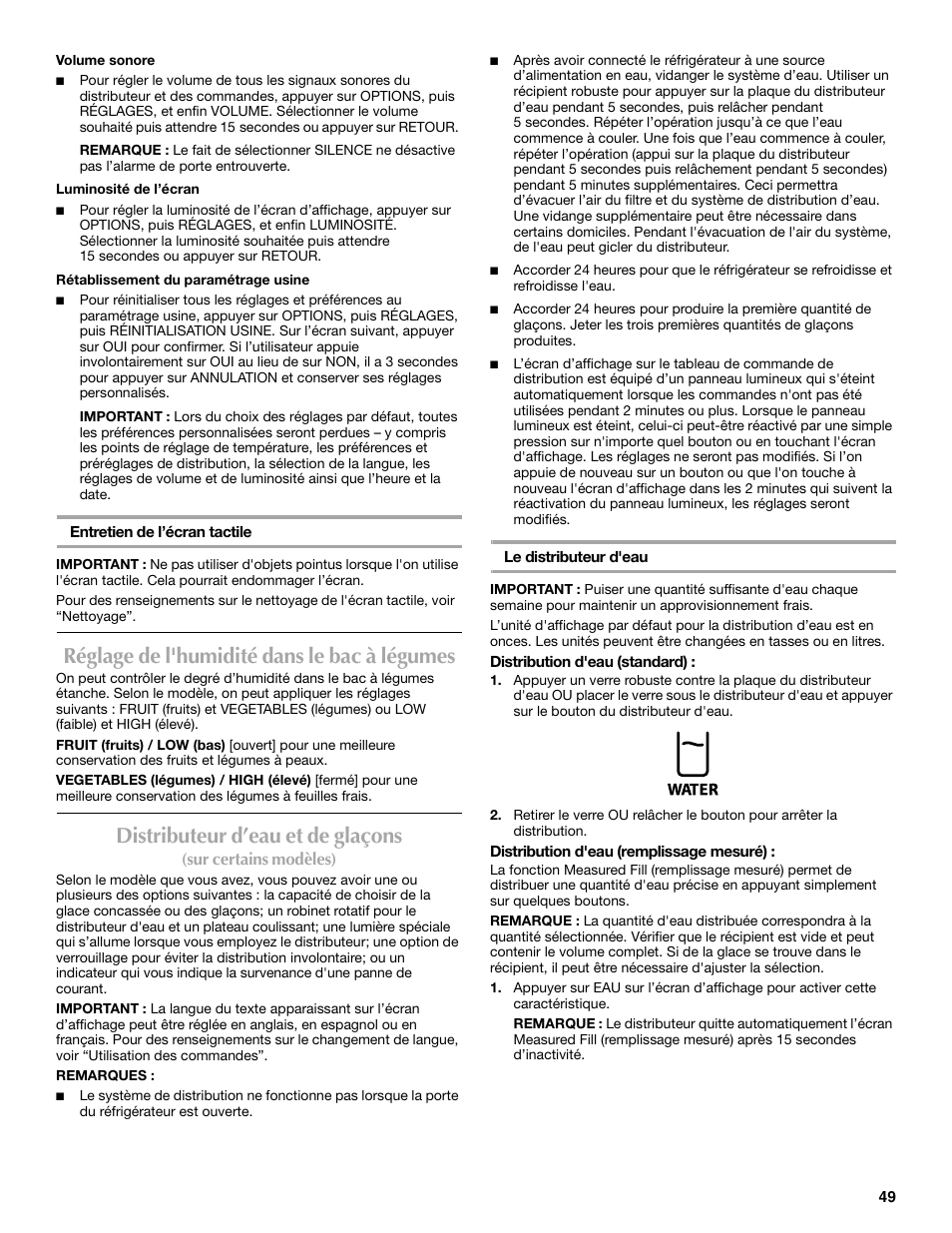 Réglage de l'humidité dans le bac à légumes, Distributeur d’eau et de glaçons | Maytag MFT2771XEB User Manual | Page 49 / 61