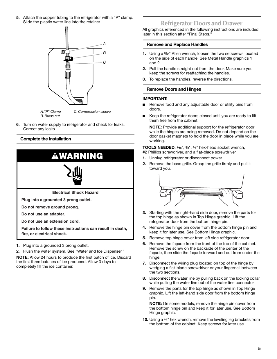 Warning, Refrigerator doors and drawer | Maytag MFT2771XEB User Manual | Page 5 / 61