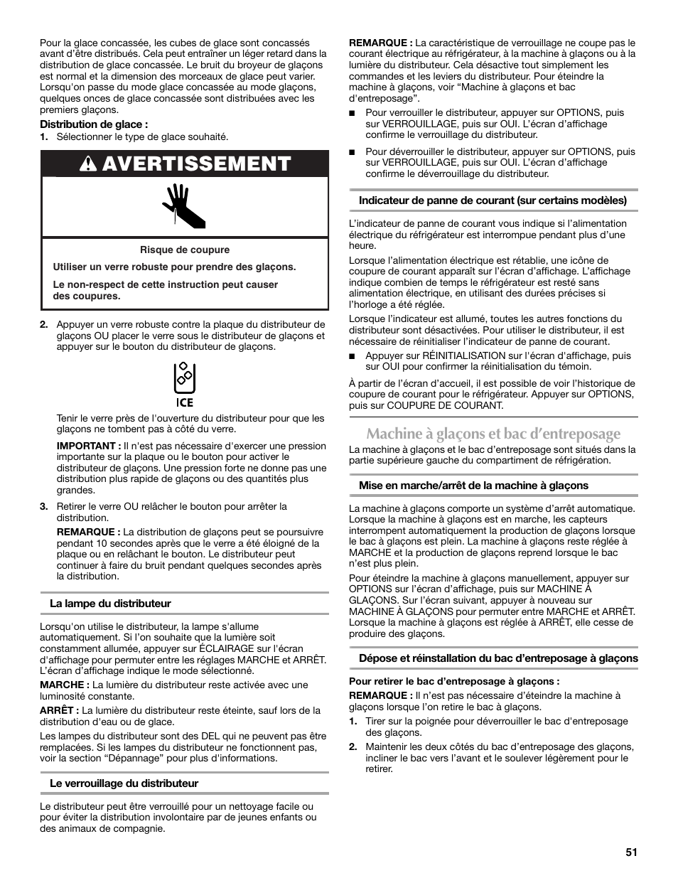 Avertissement, Machine à glaçons et bac d’entreposage | Maytag MFT2771XEB User Manual | Page 51 / 61