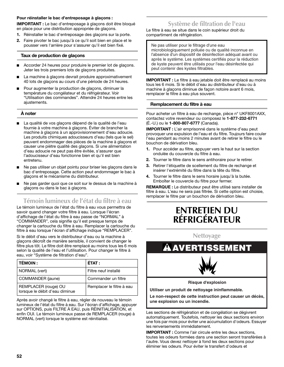 Entretien du réfrigérateur, Avertissement, Témoin lumineux de l’état du filtre à eau | Système de filtration de l'eau, Nettoyage | Maytag MFT2771XEB User Manual | Page 52 / 61