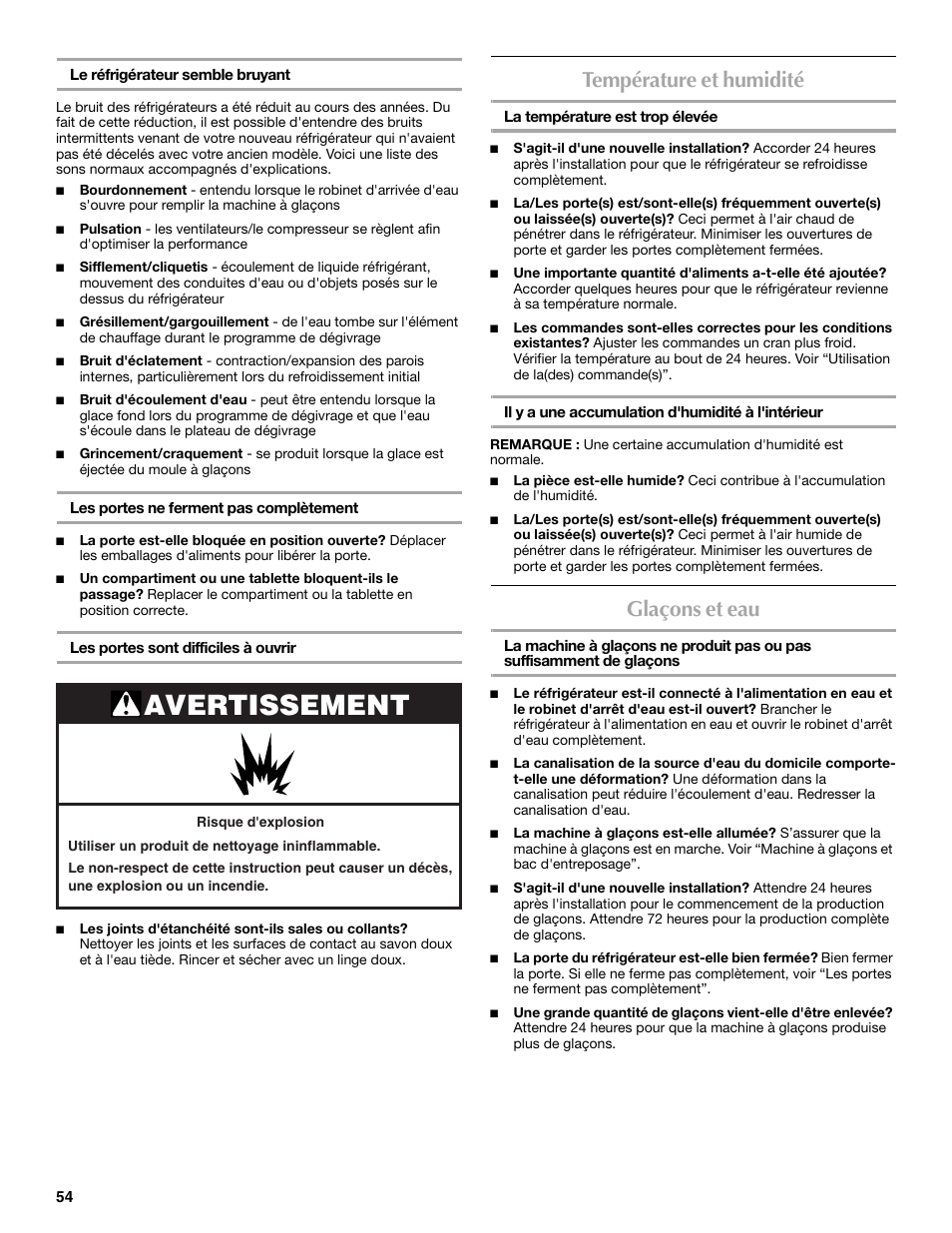 Avertissement, Température et humidité, Glaçons et eau | Maytag MFT2771XEB User Manual | Page 54 / 61