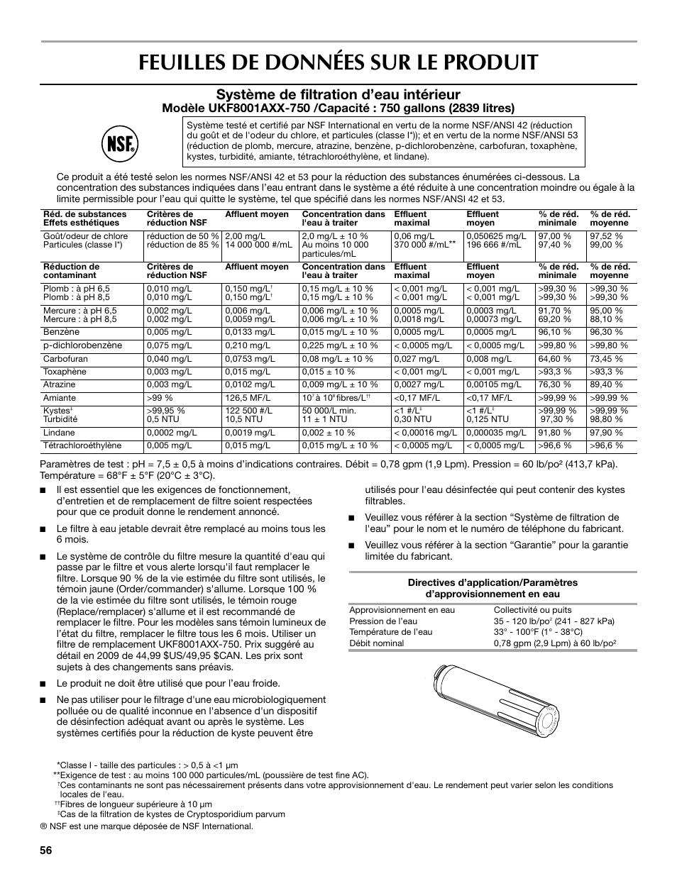 Feuilles de données sur le produit, Système de filtration d’eau intérieur | Maytag MFT2771XEB User Manual | Page 56 / 61