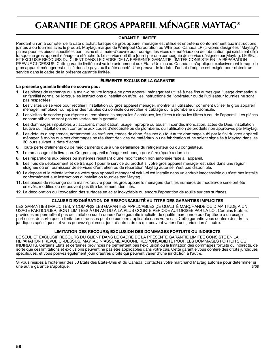 Garantie de gros appareil ménager maytag | Maytag MFT2771XEB User Manual | Page 58 / 61