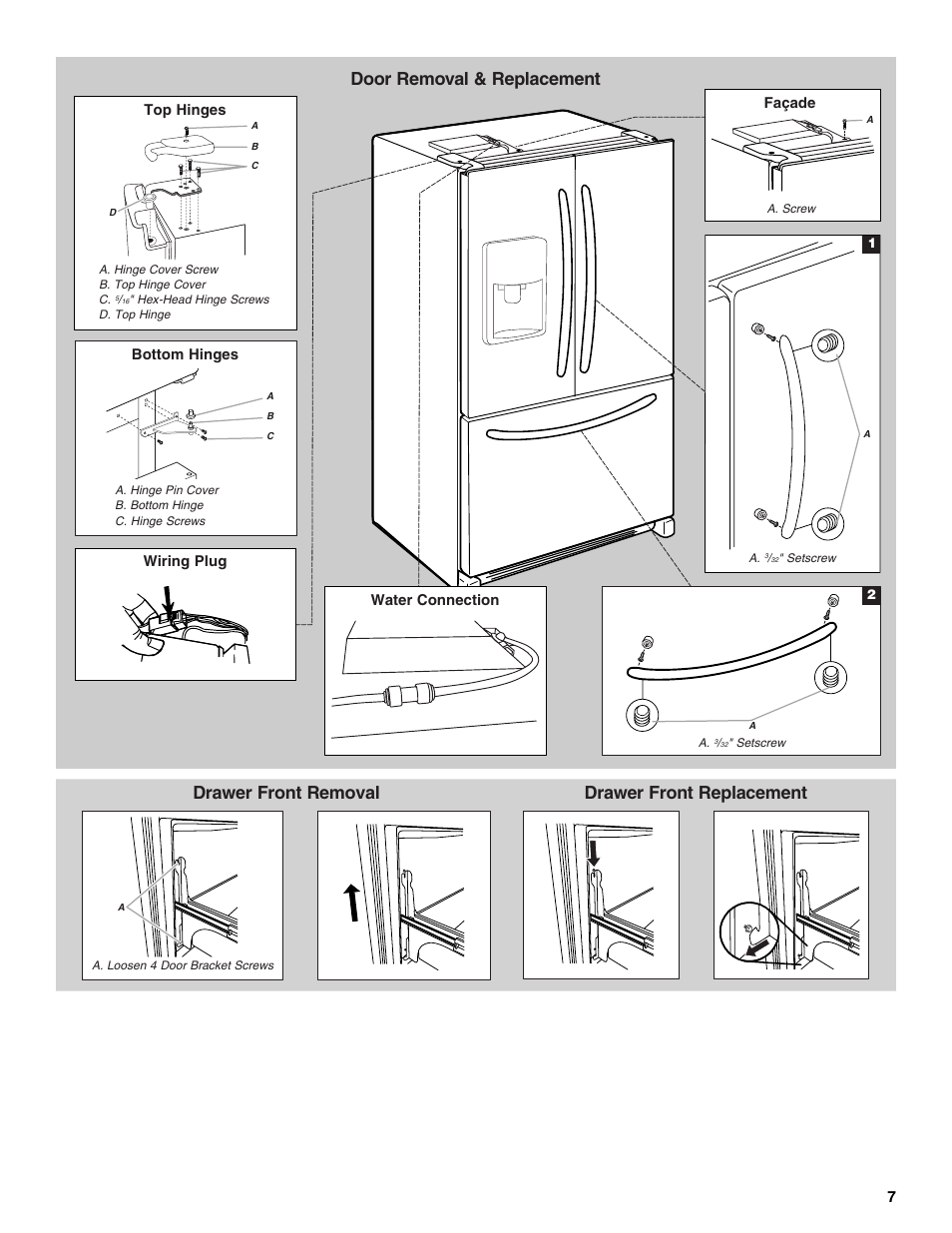Drawer front removal, Top hinges, Bottom hinges | Water connection wiring plug façade | Maytag MFT2771XEB User Manual | Page 7 / 61
