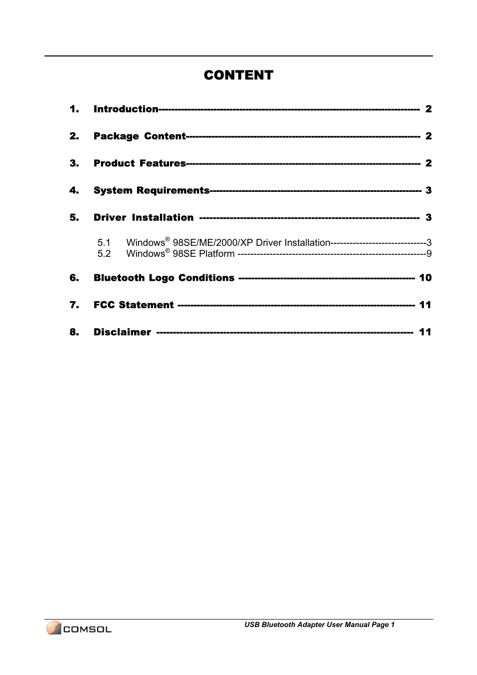 Content | COMSOL UBT-120 User Manual | Page 2 / 12