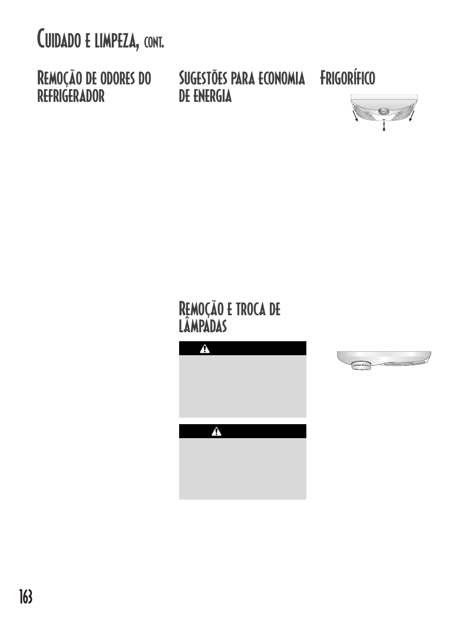 163 remoção de odores do refrigerador, Sugestões para economia de energia, Remoção e troca de lâmpadas frigorífico | Uidado e limpeza, Cont | Maytag MB1927PEHB User Manual | Page 164 / 184