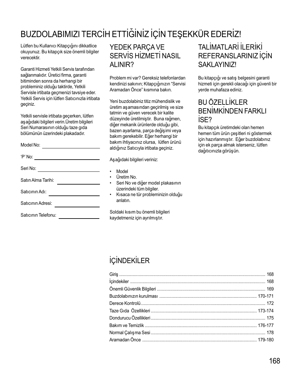 Yedek parça ve servýs hýzmetý nasil alinir, Bu özellýkler benýmkýnden farkli ýse, Ýçýndekýler | Maytag MB1927PEHB User Manual | Page 169 / 184