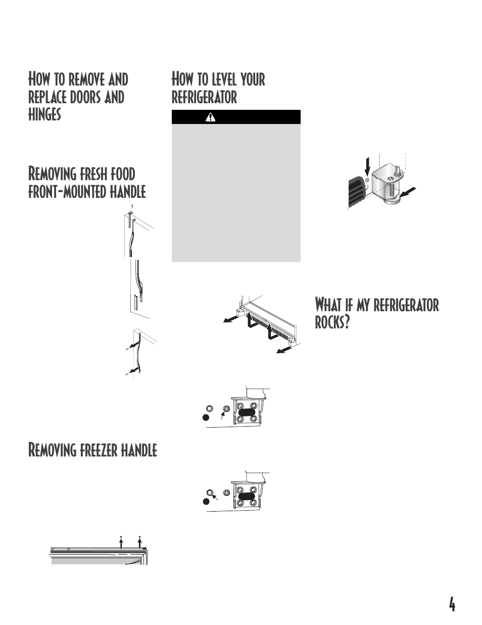 4how to remove and replace doors and hinges, Removing fresh food front-mounted handle, Removing freezer handle | What if my refrigerator rocks, How to level your refrigerator, For pullout drawer only, Caution, Tools needed | Maytag MB1927PEHB User Manual | Page 5 / 184