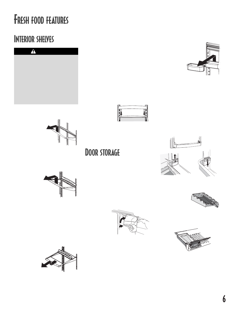 Resh food features, Interior shelves, Door storage | Full-width shelves, Spillsaver, Spillsaver™ easy glide, Caution, Rear shelf extensions, Dairy center, Door buckets | Maytag MB1927PEHB User Manual | Page 7 / 184