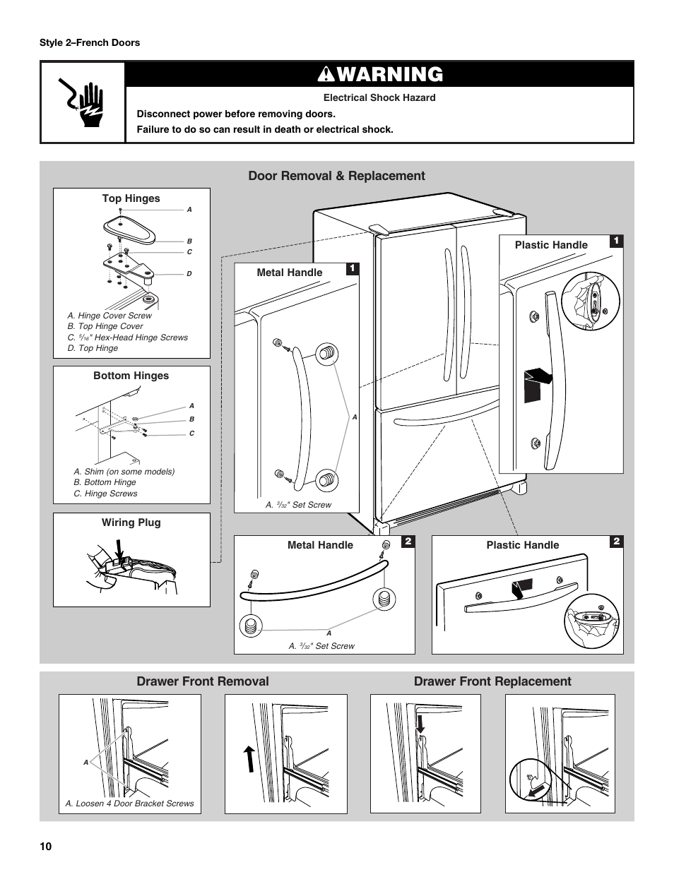 Warning, Door removal & replacement, Drawer front removal | Drawer front replacement | Maytag MBF2562HEW User Manual | Page 10 / 66