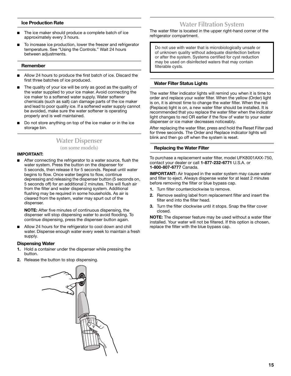 Water dispenser, Water filtration system | Maytag MBF2562HEW User Manual | Page 15 / 66