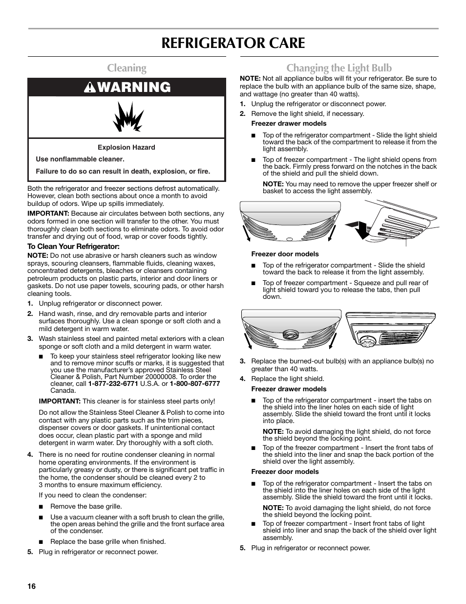 Refrigerator care, Warning, Cleaning | Changing the light bulb | Maytag MBF2562HEW User Manual | Page 16 / 66
