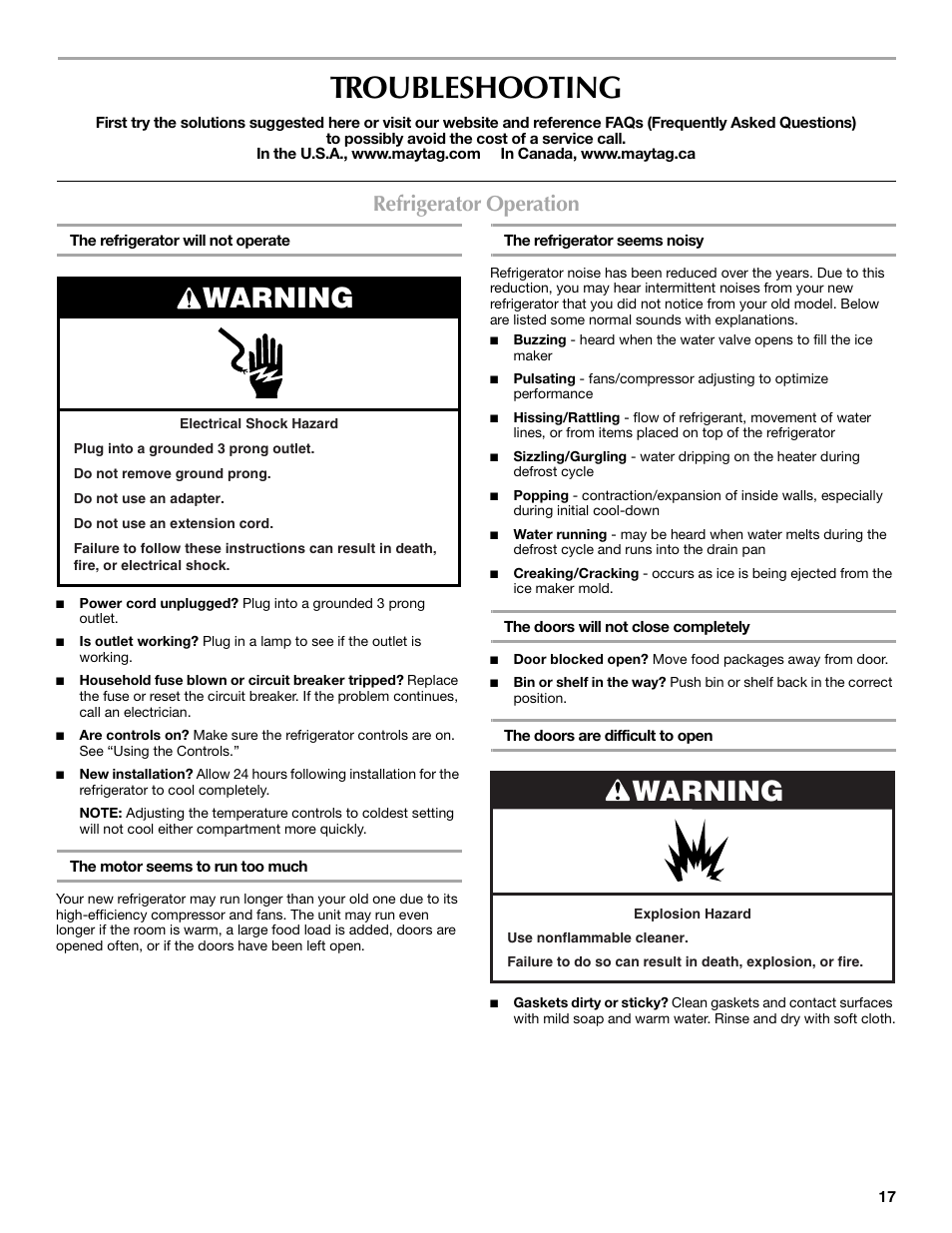 Troubleshooting, Warning, Refrigerator operation | Maytag MBF2562HEW User Manual | Page 17 / 66