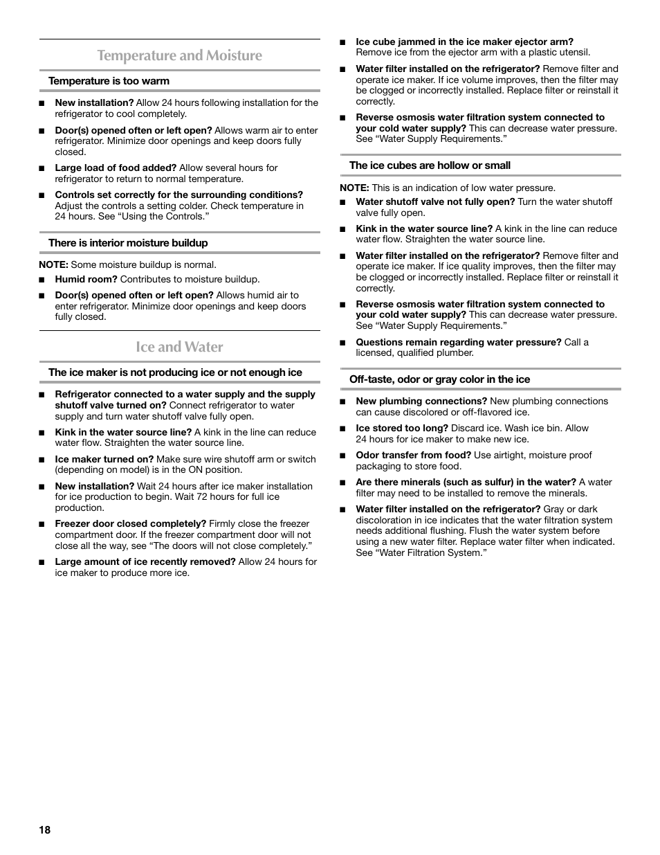 Temperature and moisture, Ice and water | Maytag MBF2562HEW User Manual | Page 18 / 66