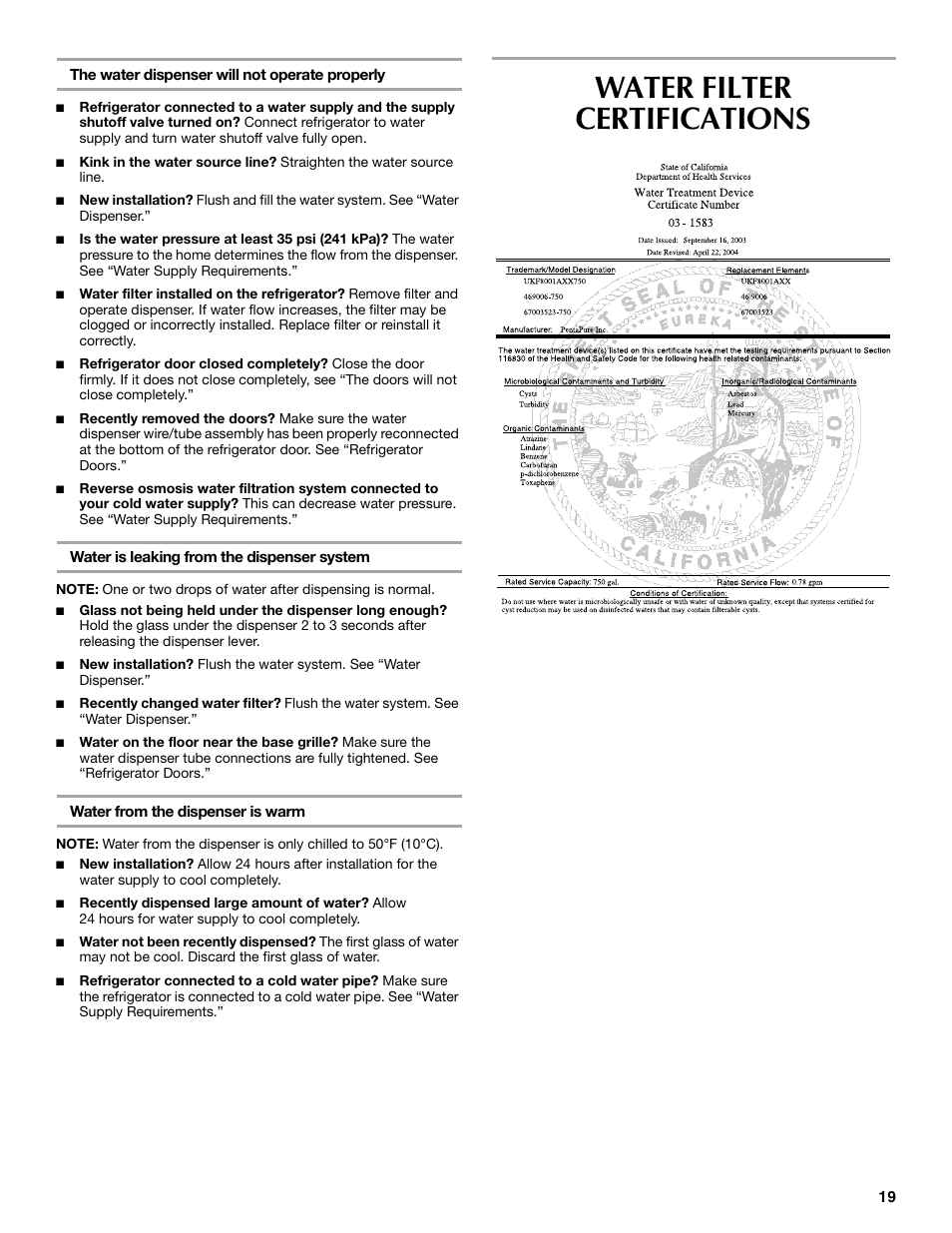 Water filter certifications | Maytag MBF2562HEW User Manual | Page 19 / 66