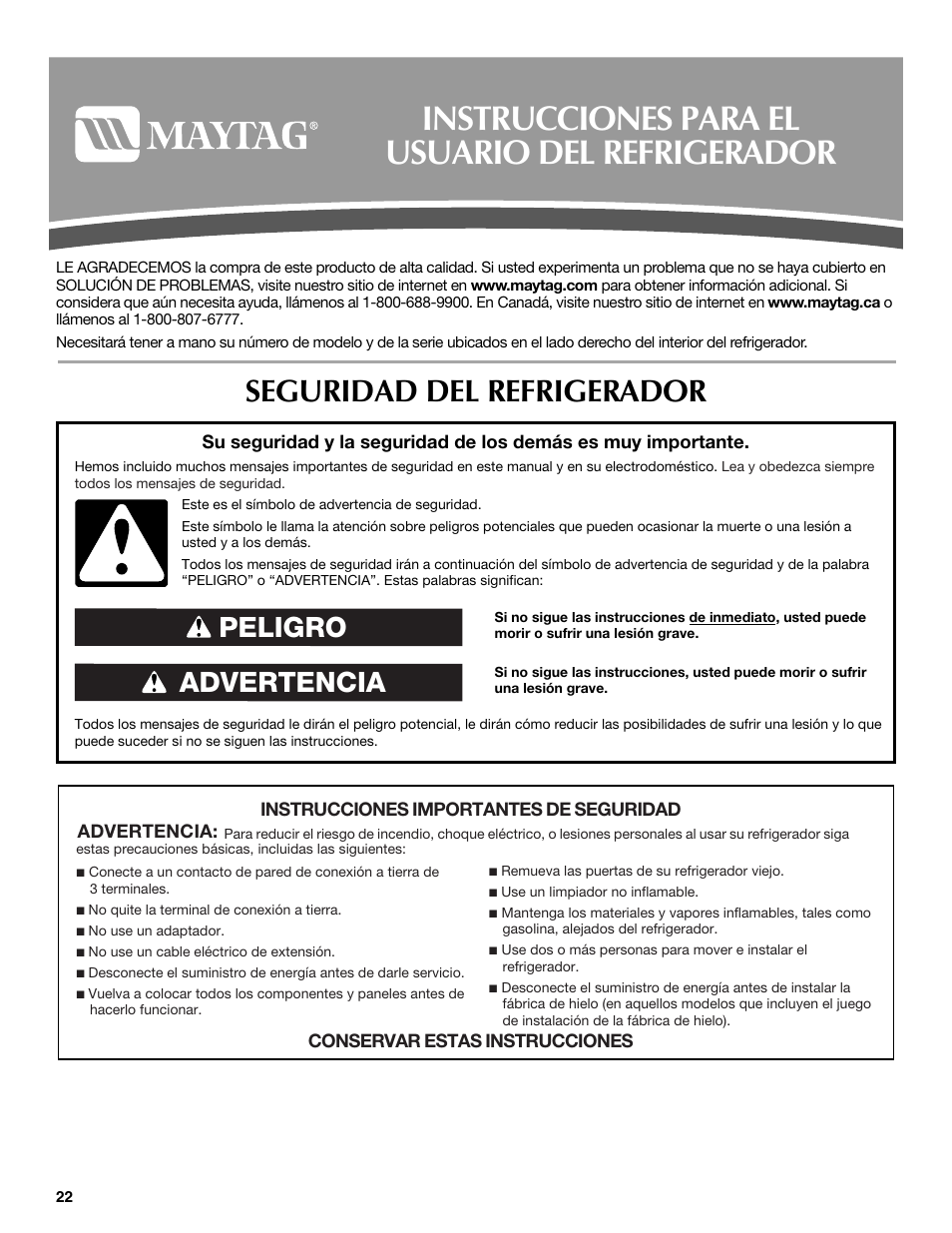 Instrucciones para el usuario del refrigerador, Seguridad del refrigerador, Advertencia peligro | Maytag MBF2562HEW User Manual | Page 22 / 66
