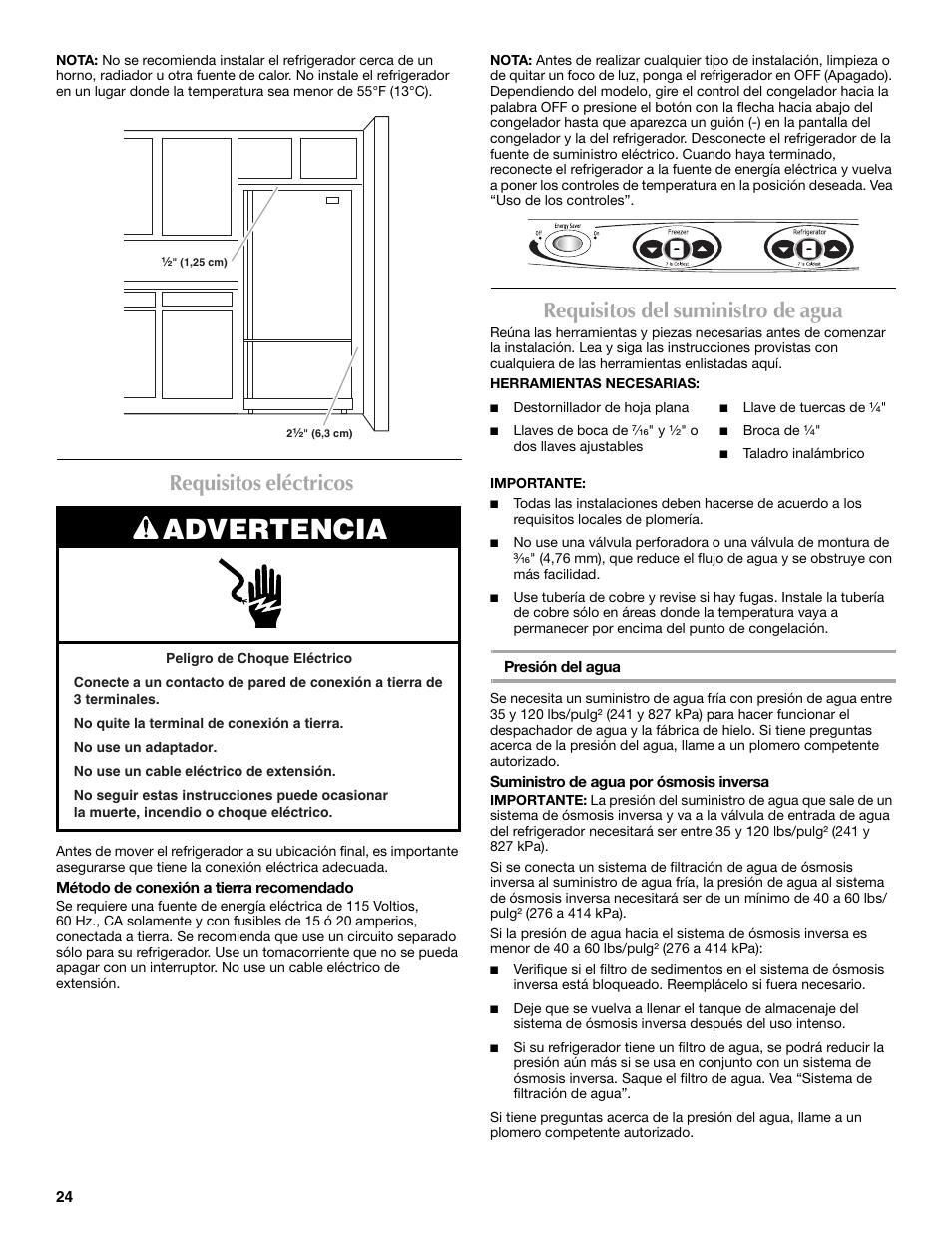 Advertencia, Requisitos eléctricos, Requisitos del suministro de agua | Maytag MBF2562HEW User Manual | Page 24 / 66