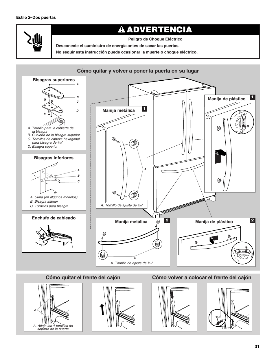 Advertencia, Cómo quitar y volver a poner la puerta en su lugar, Cómo quitar el frente del cajón | Cómo volver a colocar el frente del cajón | Maytag MBF2562HEW User Manual | Page 31 / 66