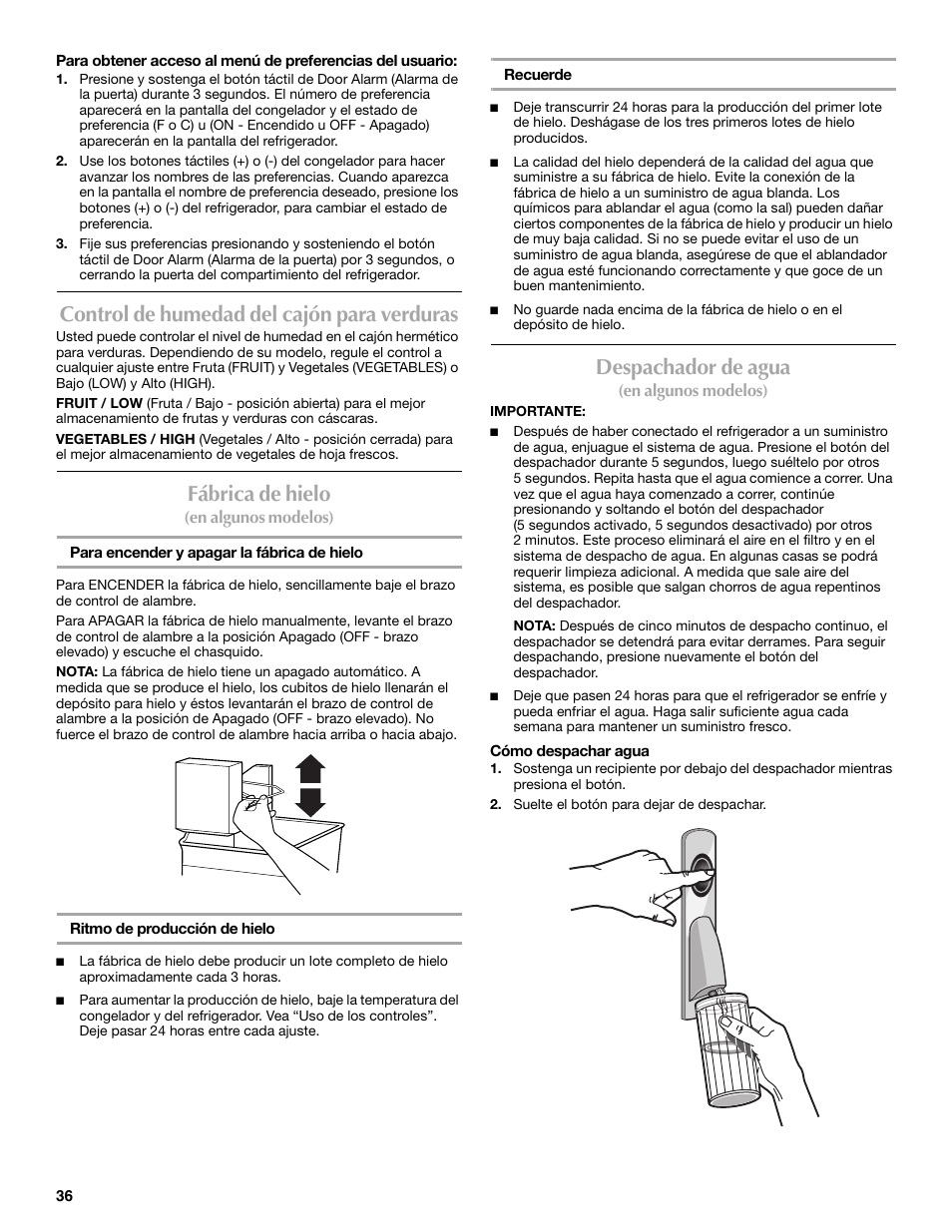 Control de humedad del cajón para verduras, Fábrica de hielo, Despachador de agua | Maytag MBF2562HEW User Manual | Page 36 / 66