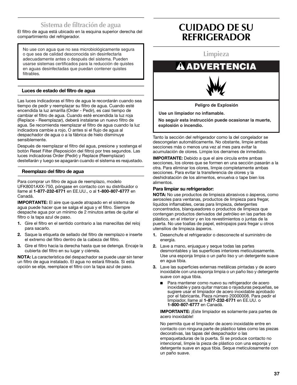 Cuidado de su refrigerador, Advertencia, Sistema de filtración de agua | Limpieza | Maytag MBF2562HEW User Manual | Page 37 / 66