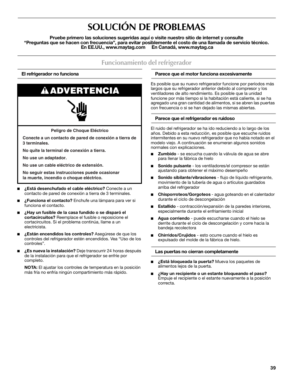 Solución de problemas, Advertencia, Funcionamiento del refrigerador | Maytag MBF2562HEW User Manual | Page 39 / 66