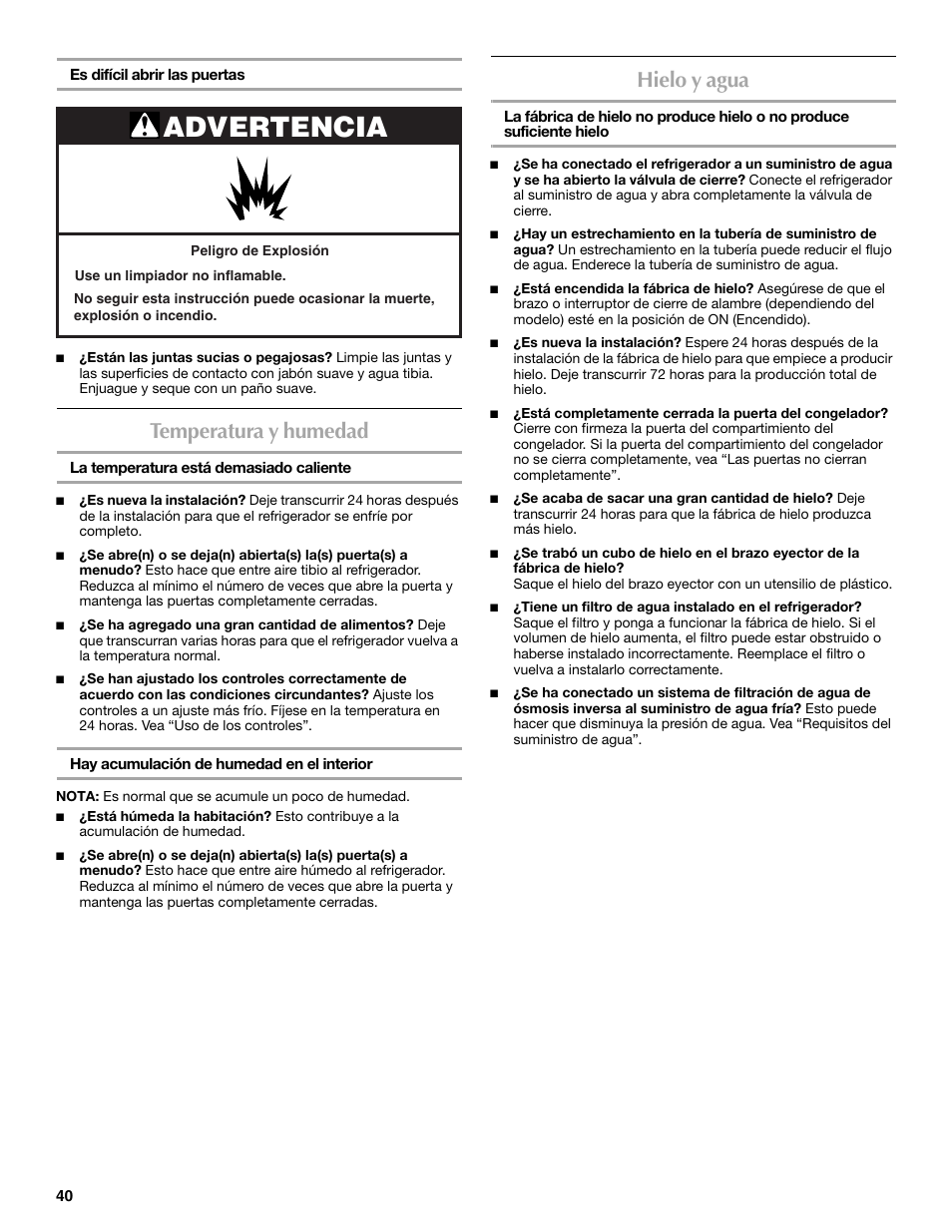 Advertencia, Temperatura y humedad, Hielo y agua | Maytag MBF2562HEW User Manual | Page 40 / 66